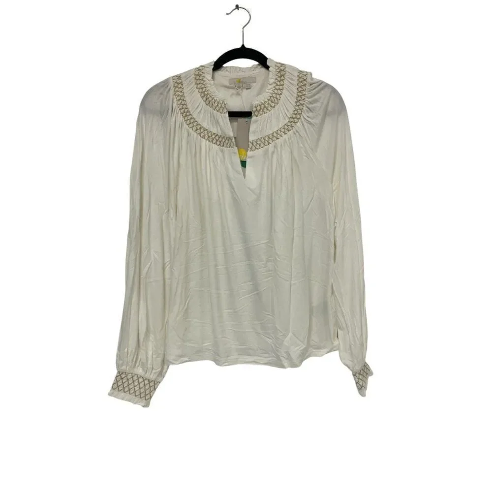 Boden Womens Shirt Top Ivory Gold UK 10 US 6 Smocked Yoke Metallic T1069 NWT